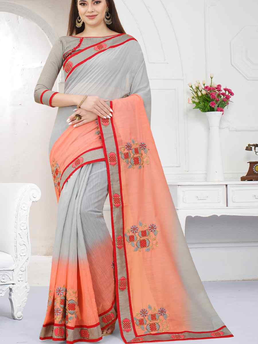 Gary And Orange And Orange Art Silk Embroidery Casual Reception Festival Wedding Fancy Heavy Border Saree