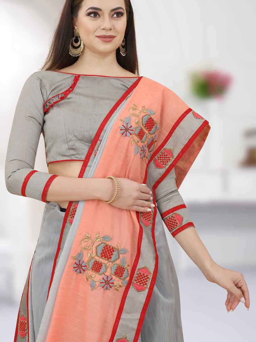 Gary And Orange And Orange Art Silk Embroidery Casual Reception Festival Wedding Fancy Heavy Border Saree