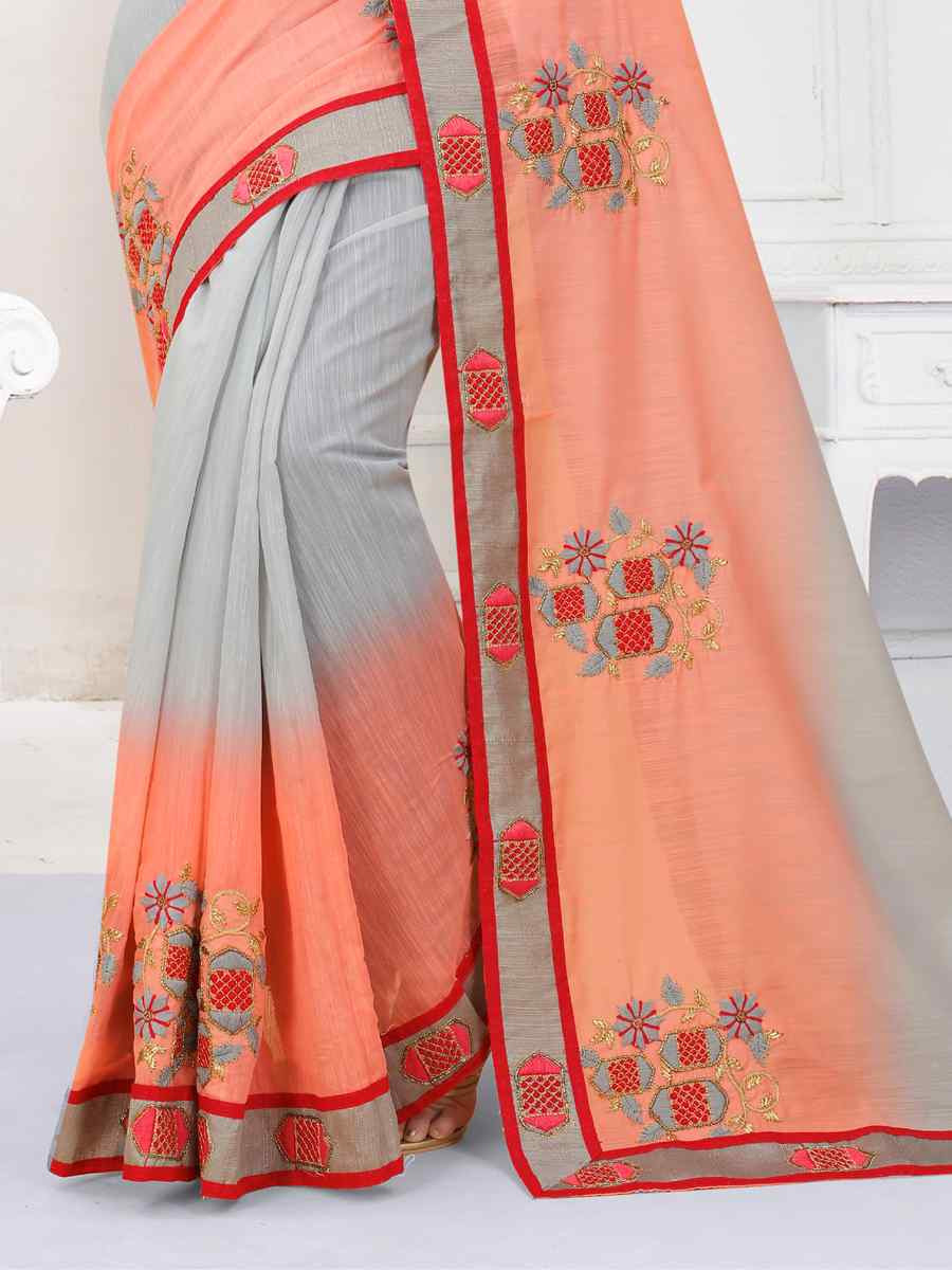 Gary And Orange And Orange Art Silk Embroidery Casual Reception Festival Wedding Fancy Heavy Border Saree