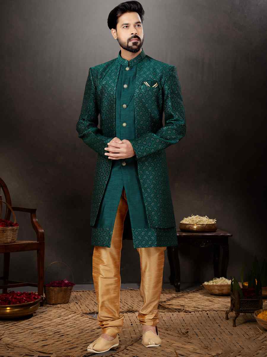 Gold Alfi Jacquard Silk Dupion Embroidered Festival Wedding Sherwani