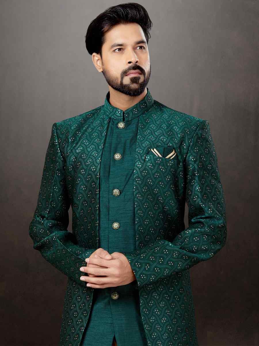 Gold Alfi Jacquard Silk Dupion Embroidered Festival Wedding Sherwani