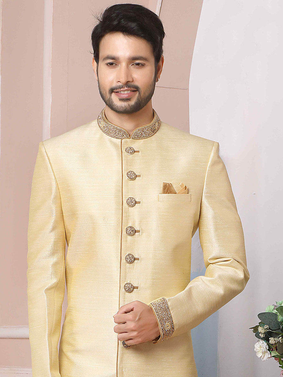 Gold Art Banarasi Silk Embroidered Groom Wedding Sherwani