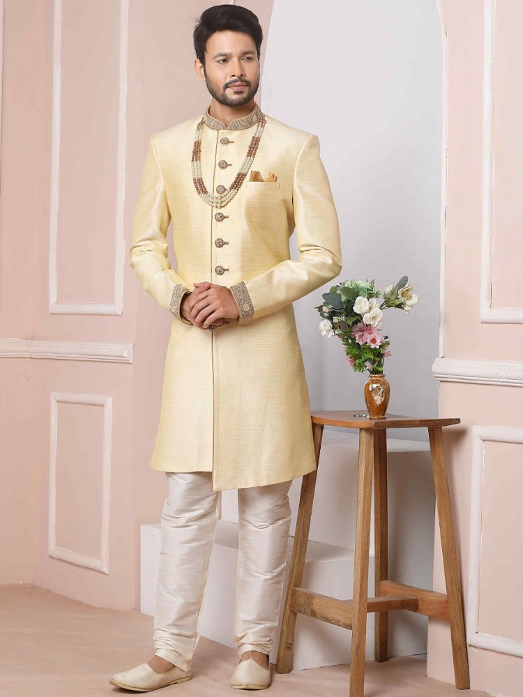 Gold Art Banarasi Silk Embroidered Groom Wedding Sherwani