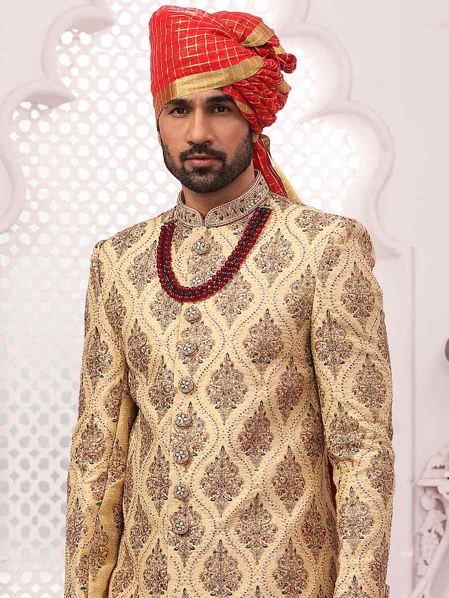 Gold Art Banarasi Silk Embroidered Wedding Groom Sherwani