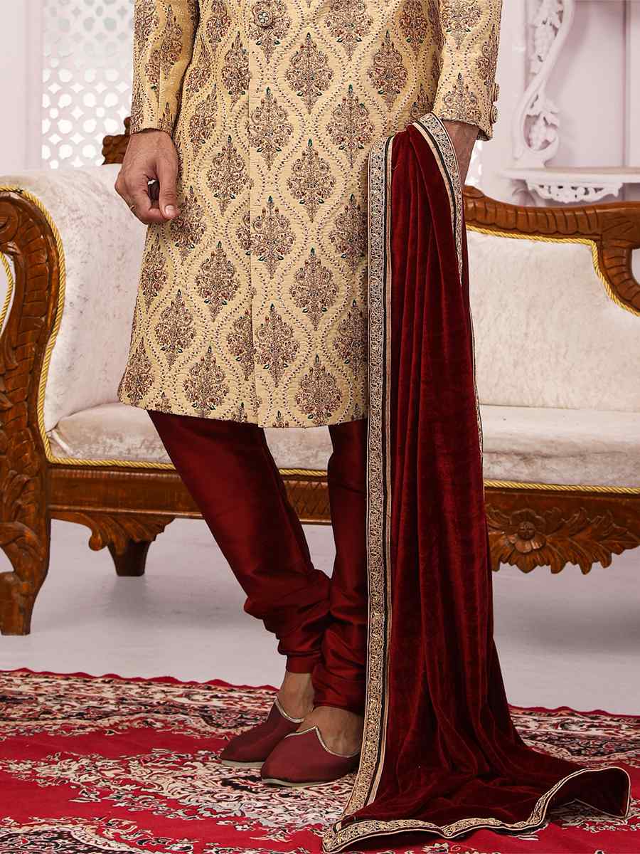 Gold Art Banarasi Silk Embroidered Wedding Groom Sherwani
