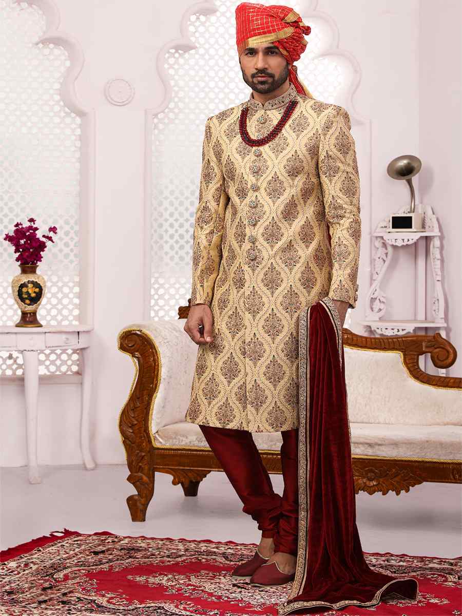 Gold Art Banarasi Silk Embroidered Wedding Groom Sherwani