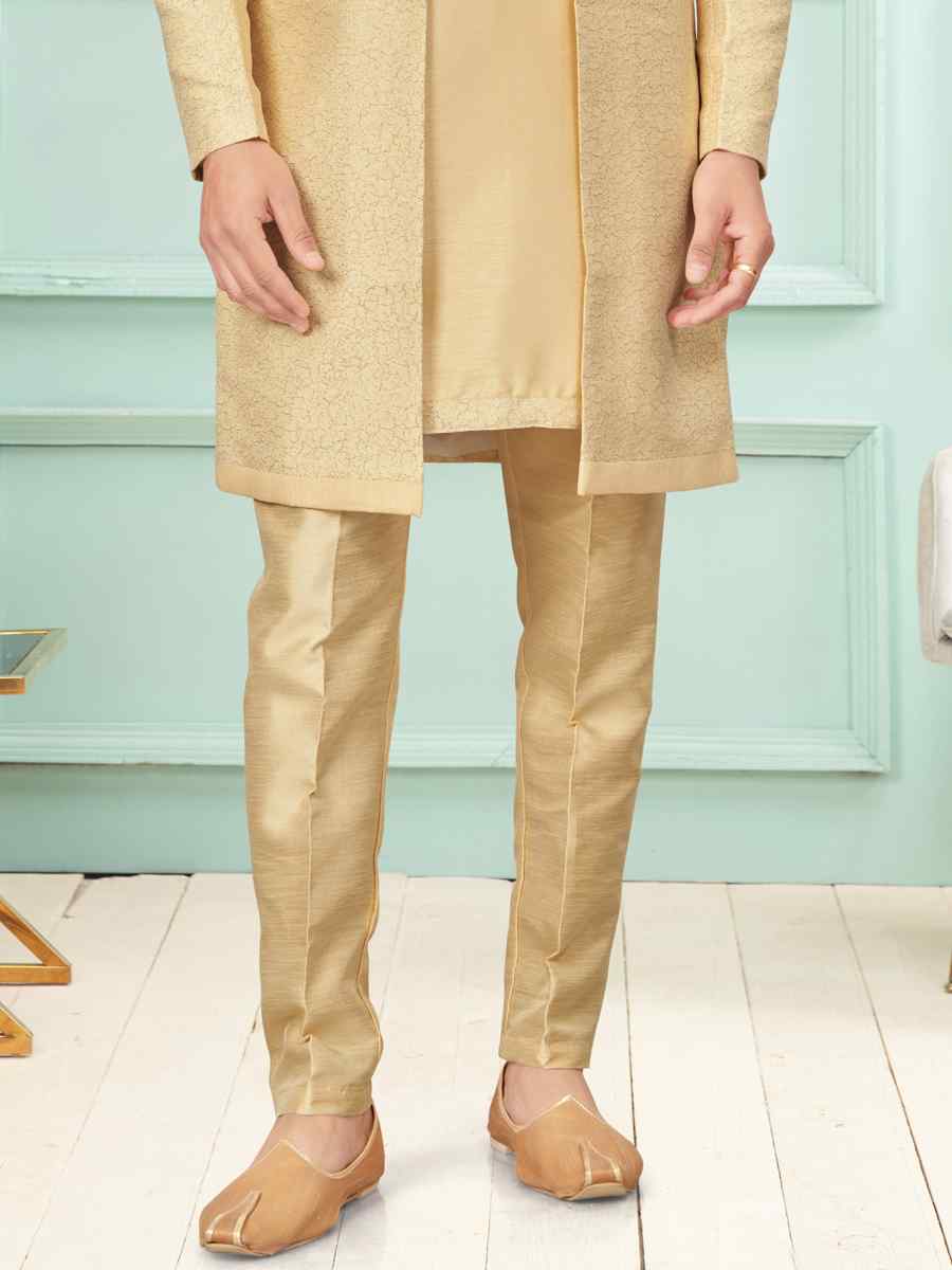 Gold Art Silk Embroidered Festival Wedding Kurta