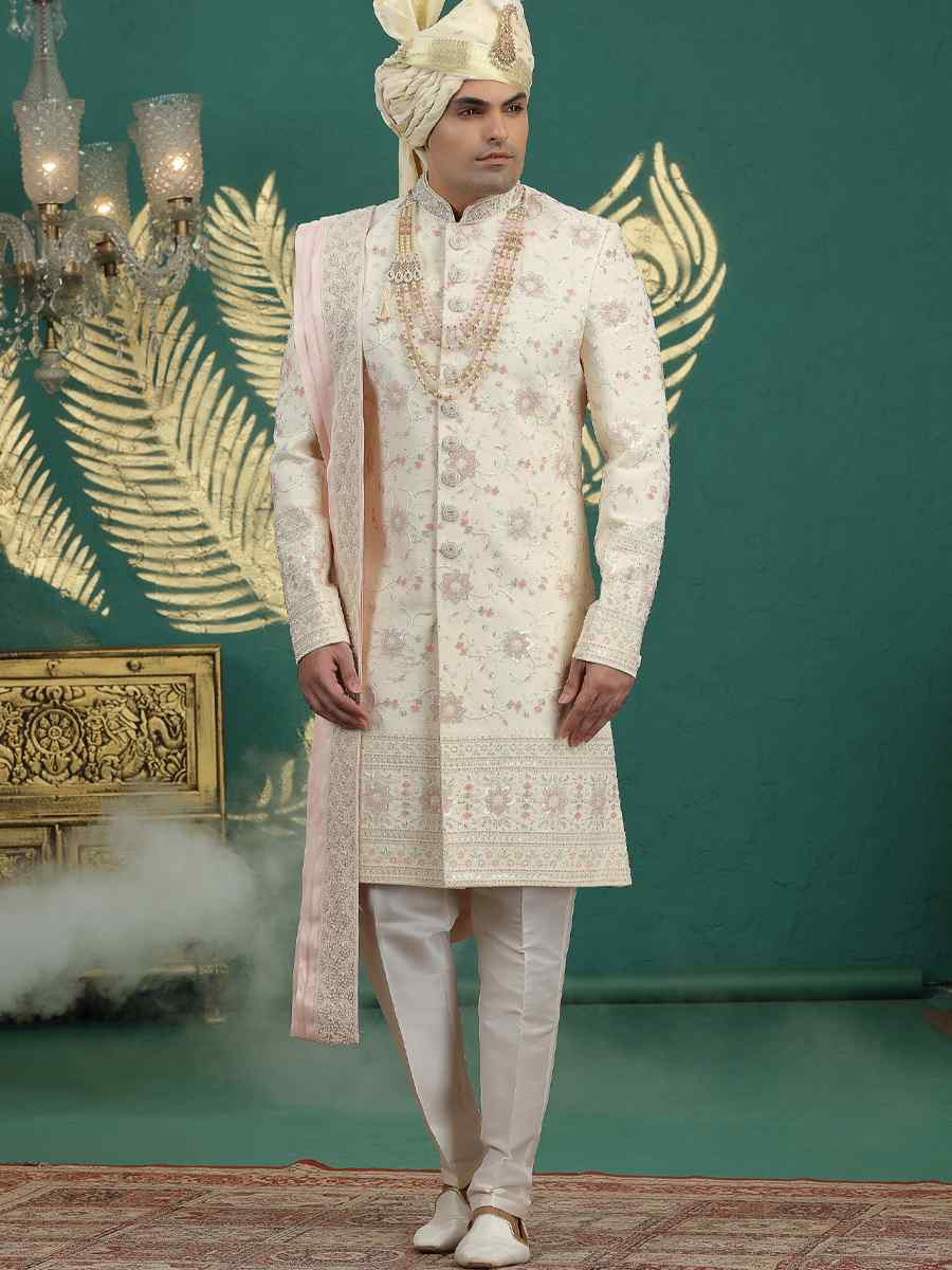 Gold Art Silk Embroidered Festival Wedding Mens Sherwani