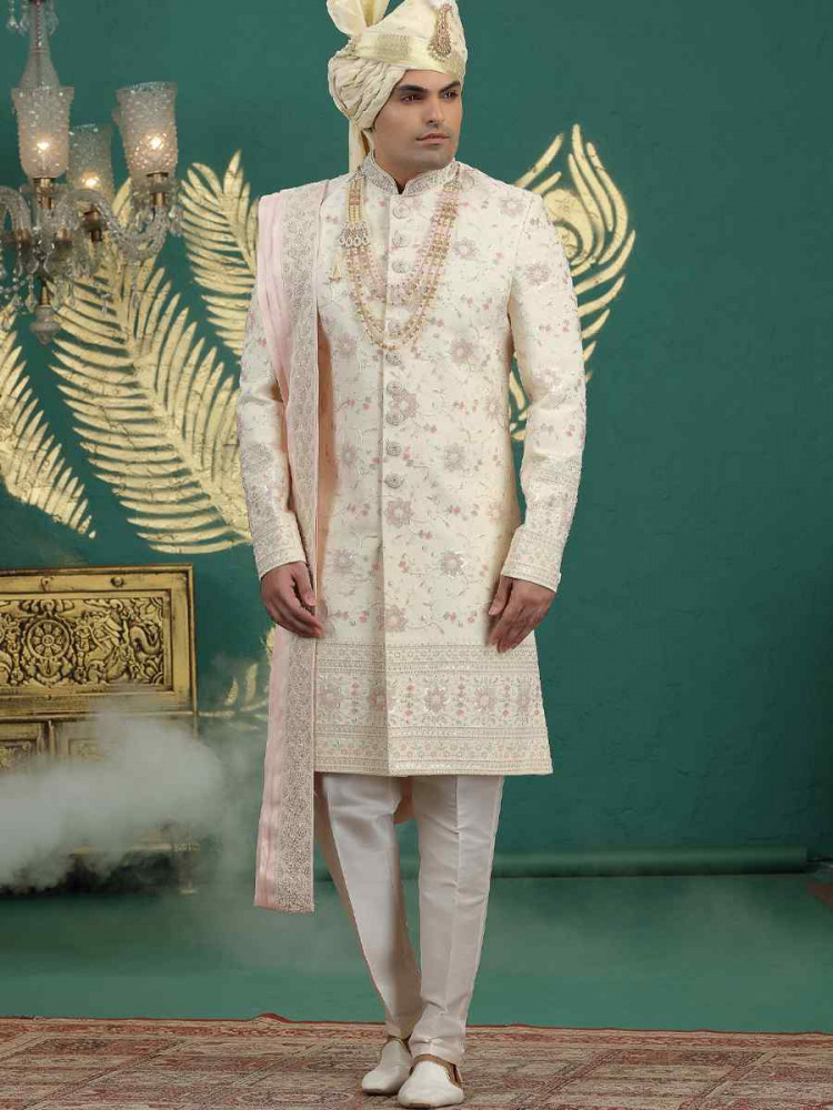 Image of Gold Art Silk Embroidered Festival Wedding Mens Sherwani