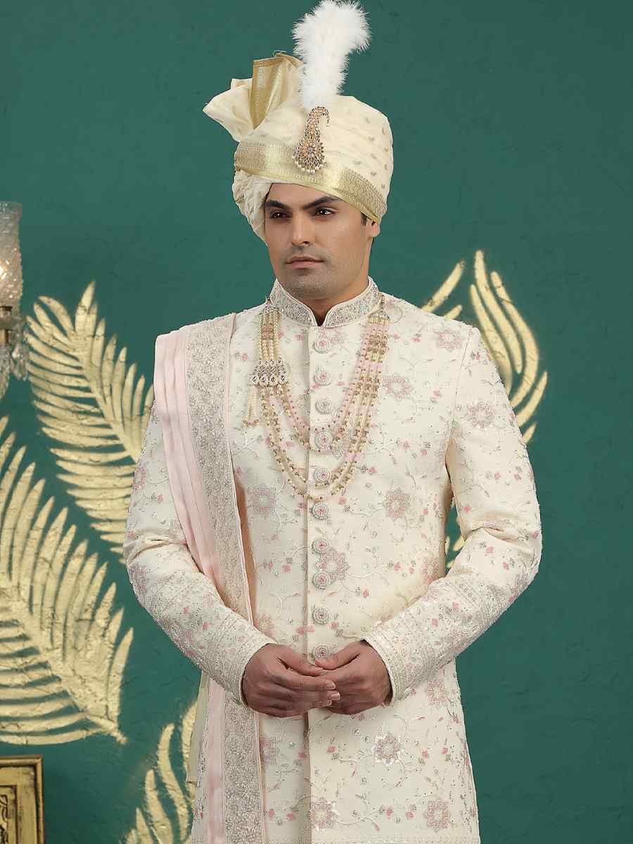 Gold Art Silk Embroidered Festival Wedding Mens Sherwani