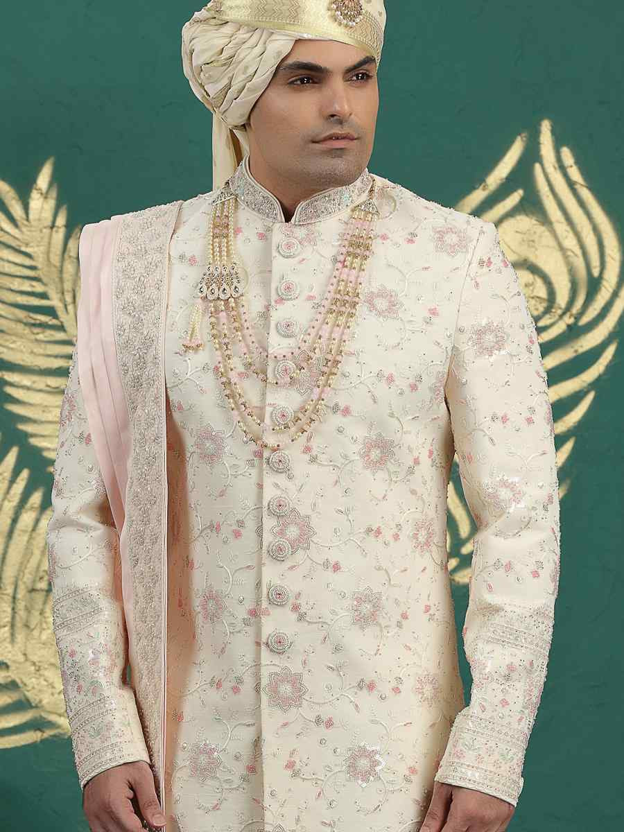 Gold Art Silk Embroidered Festival Wedding Mens Sherwani