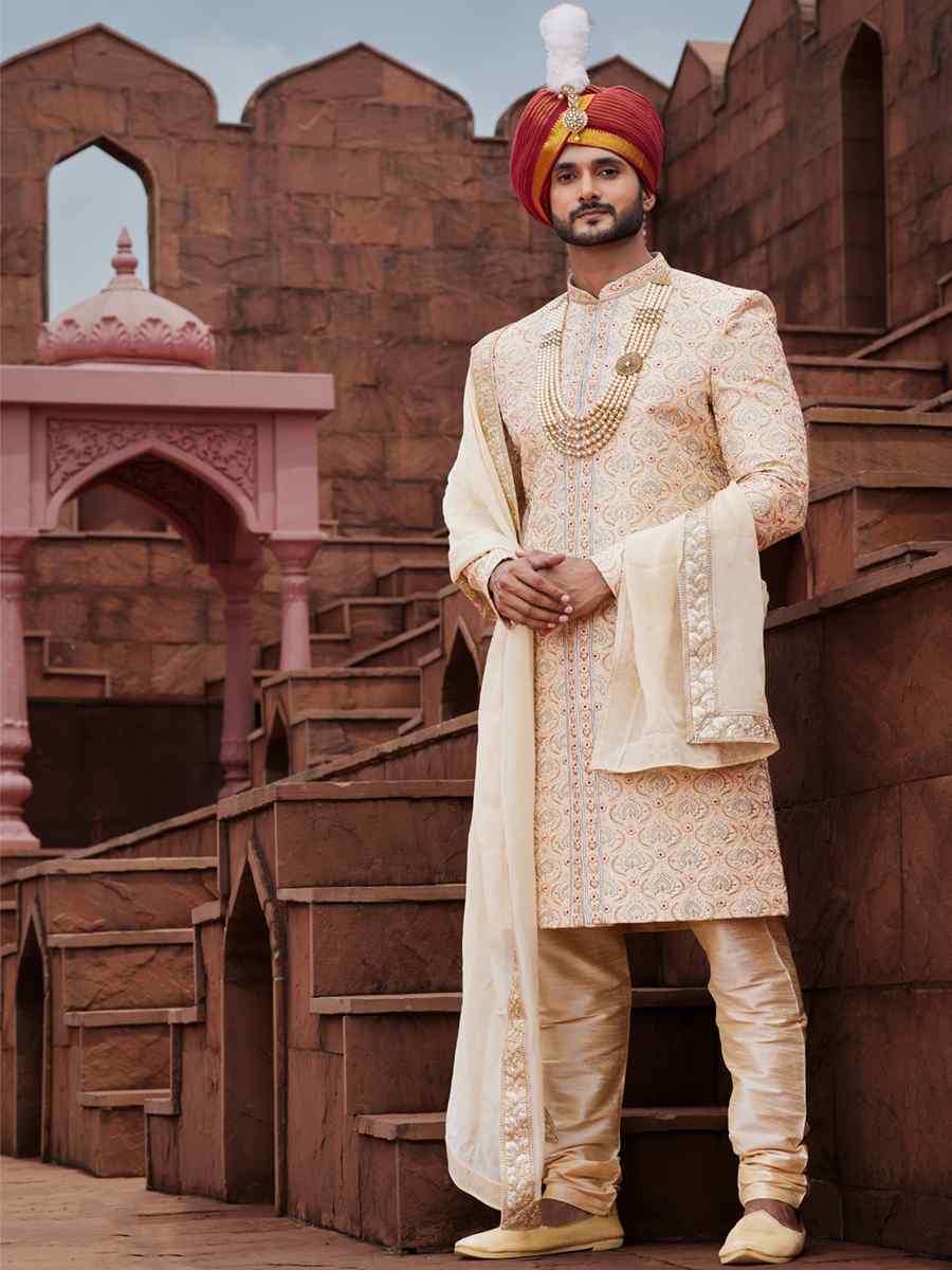 Gold Art Silk Embroidered Groom Wedding Sherwani