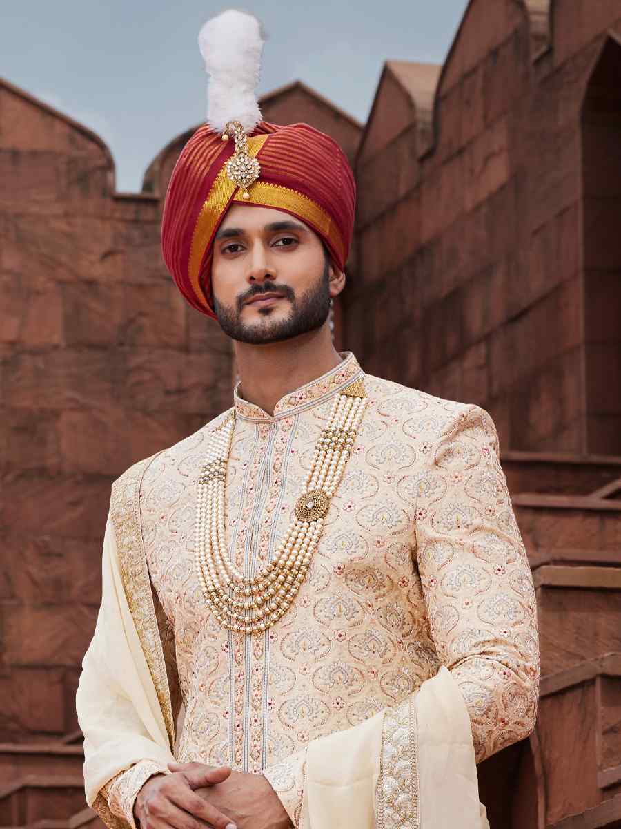 Gold Art Silk Embroidered Groom Wedding Sherwani