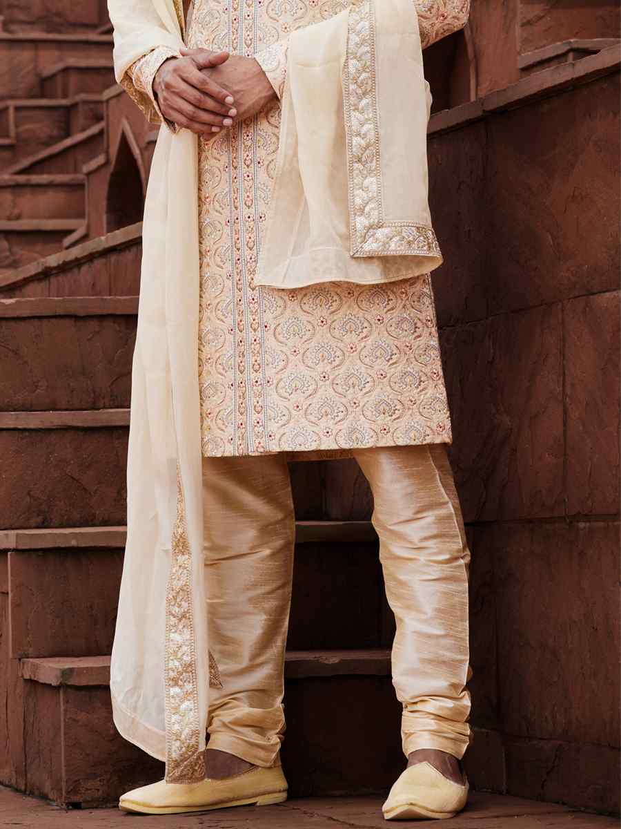 Gold Art Silk Embroidered Groom Wedding Sherwani