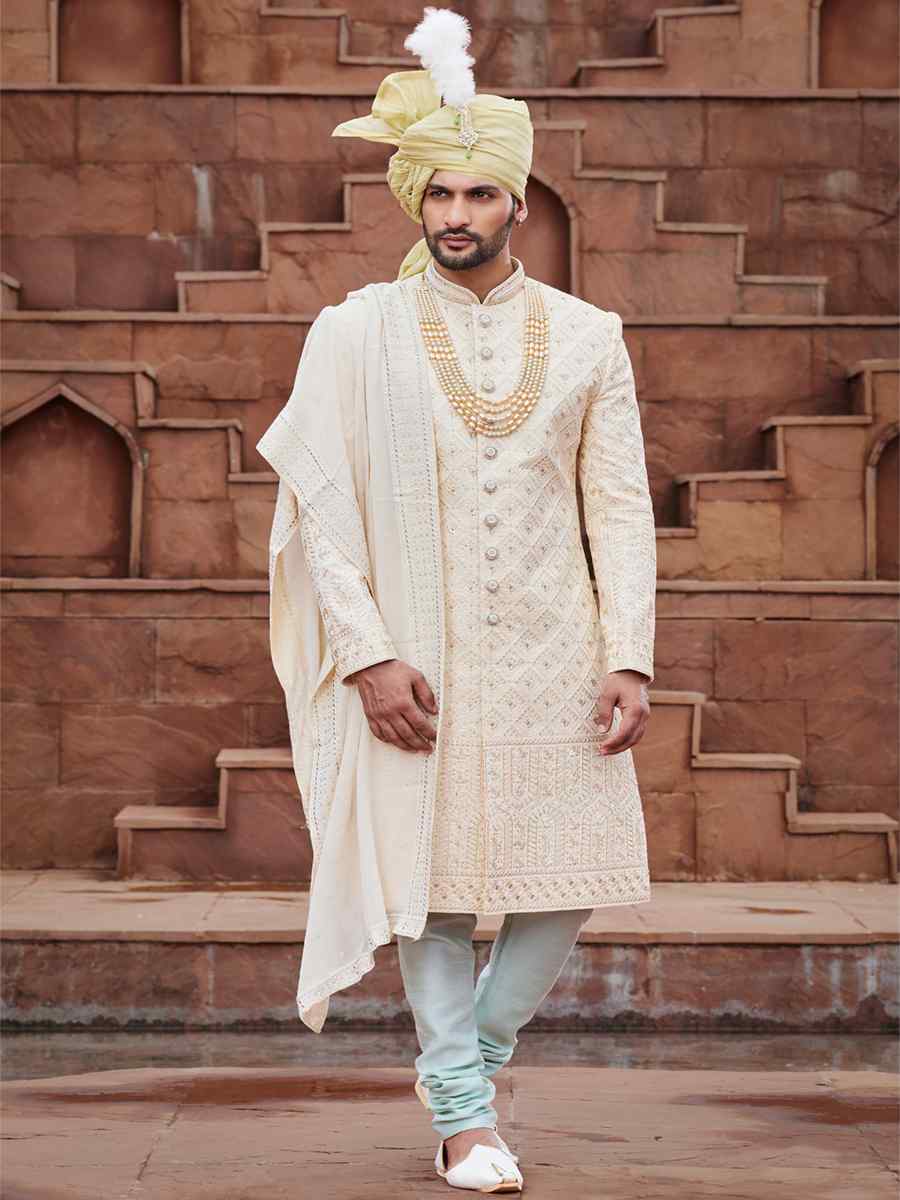 Gold Art Silk Embroidered Groom Wedding Sherwani