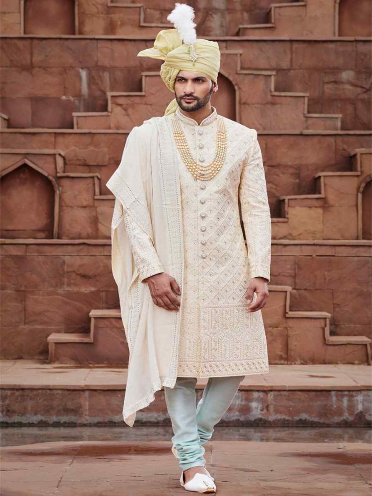 Gold Art Silk Embroidered Groom Wedding Sherwani