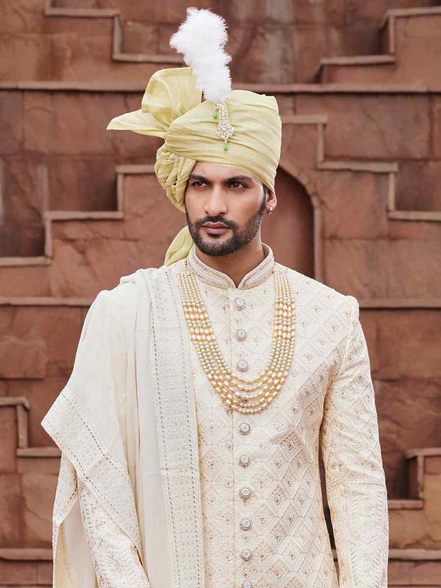 Gold Art Silk Embroidered Groom Wedding Sherwani