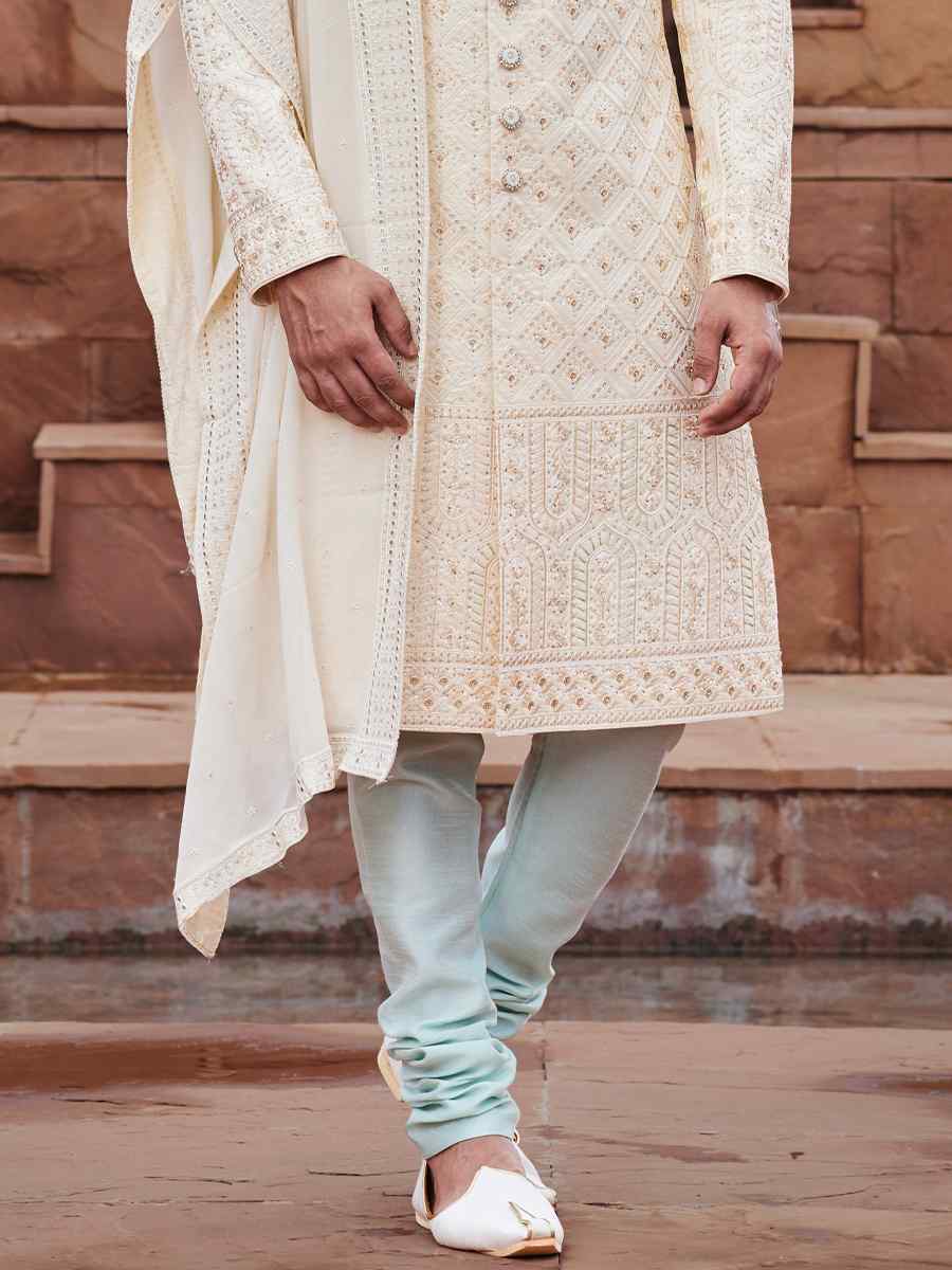 Gold Art Silk Embroidered Groom Wedding Sherwani