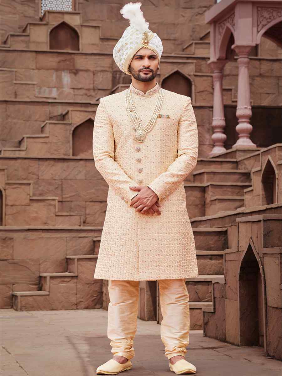 Gold Art Silk Embroidered Groom Wedding Sherwani