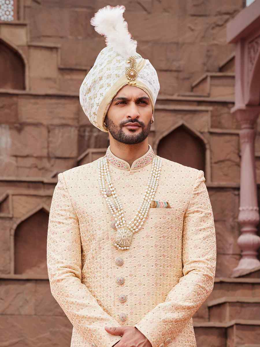 Gold Art Silk Embroidered Groom Wedding Sherwani
