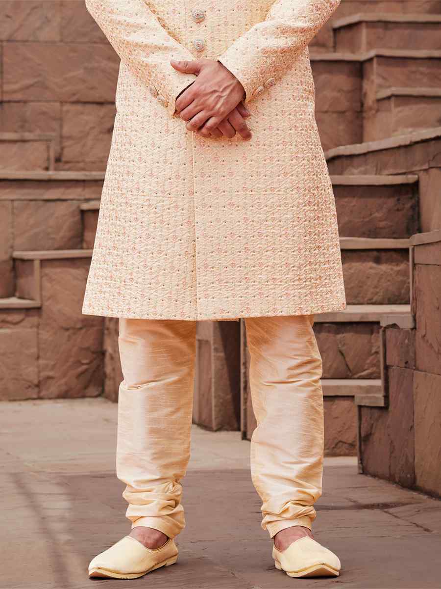Gold Art Silk Embroidered Groom Wedding Sherwani