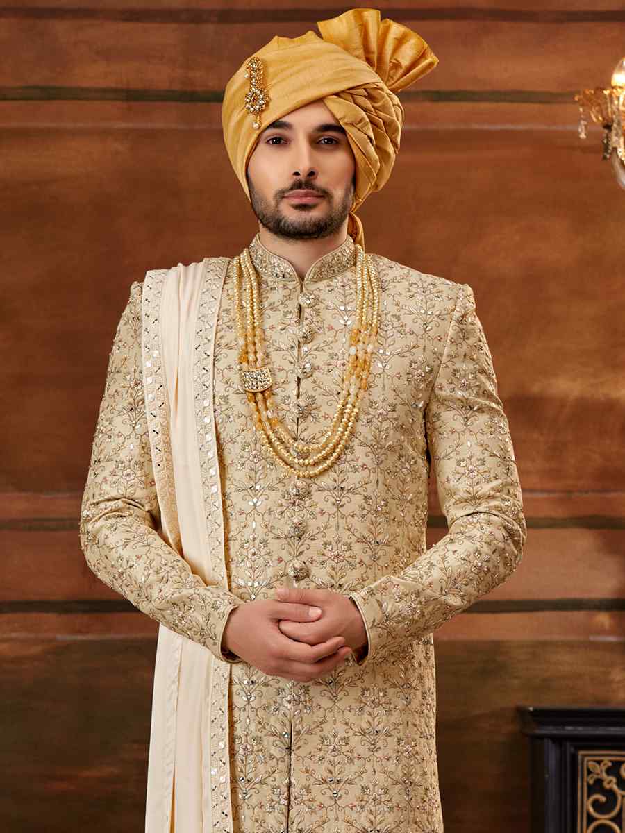 Gold Art Silk Embroidered Wedding Groom Sherwani