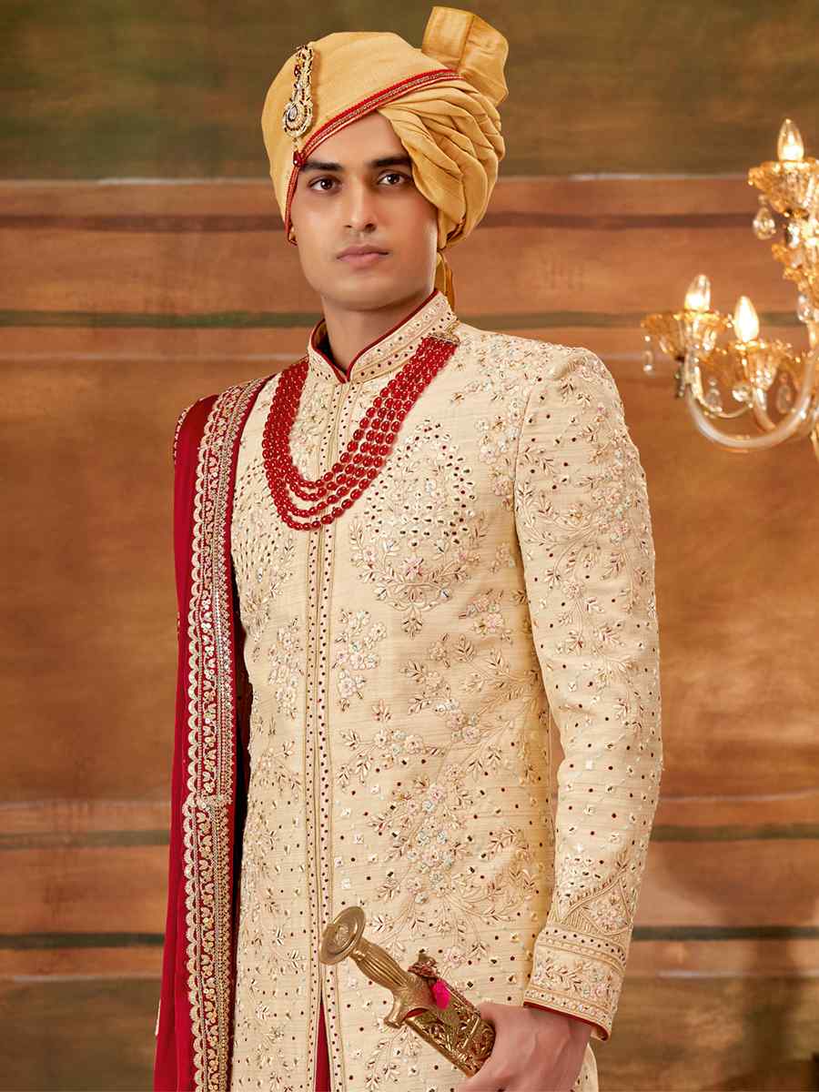Gold Art Silk Embroidered Wedding Groom Sherwani