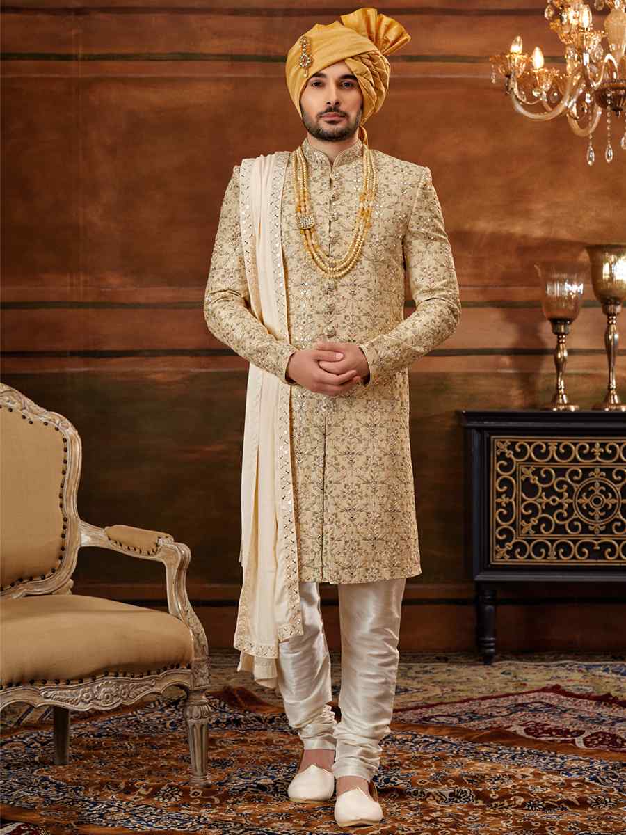 Gold Art Silk Embroidered Wedding Groom Sherwani