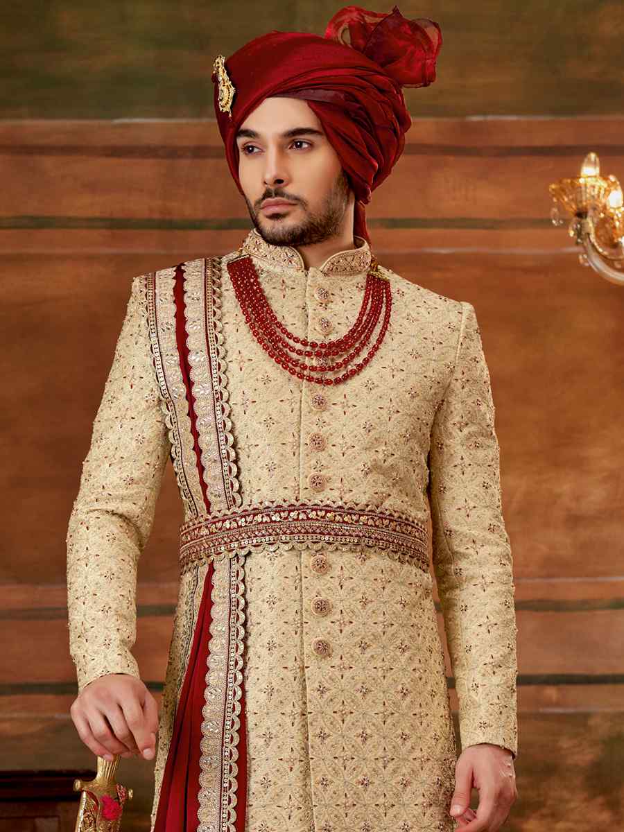 Gold Art Silk Embroidered Wedding Groom Sherwani