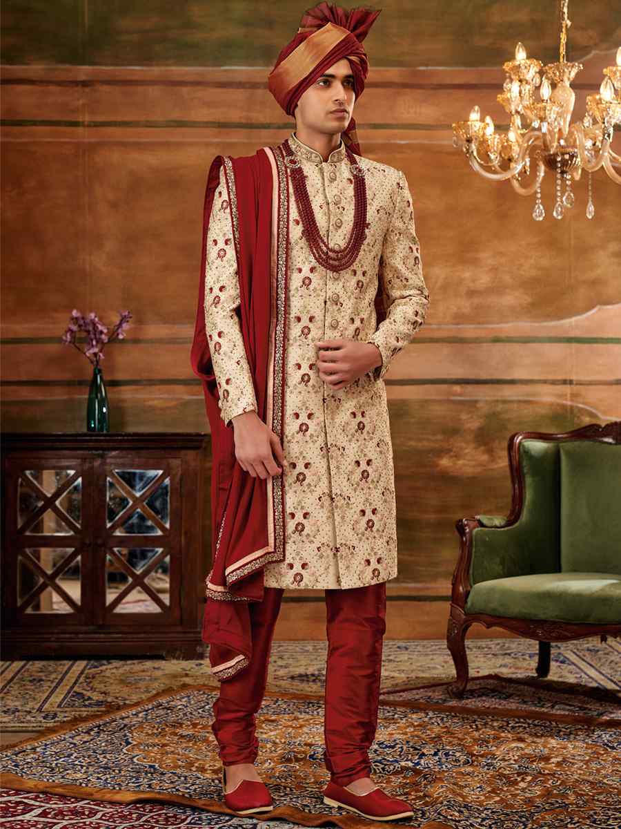 Gold Art Silk Embroidered Wedding Groom Sherwani