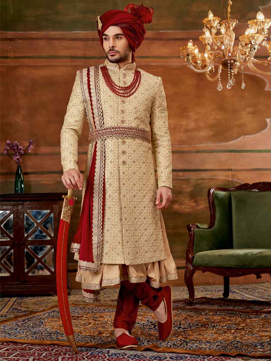 Gold Art Silk Embroidered Wedding Groom Sherwani