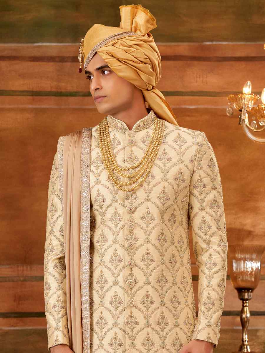 Gold Art Silk Embroidered Wedding Groom Sherwani