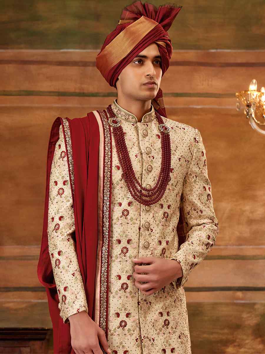 Gold Art Silk Embroidered Wedding Groom Sherwani