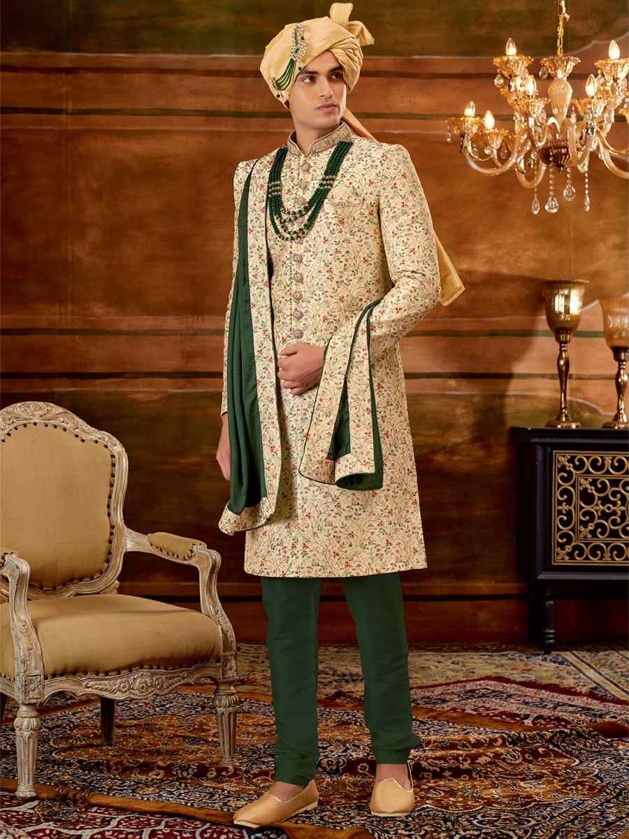 Gold Art Silk Embroidered Wedding Groom Sherwani