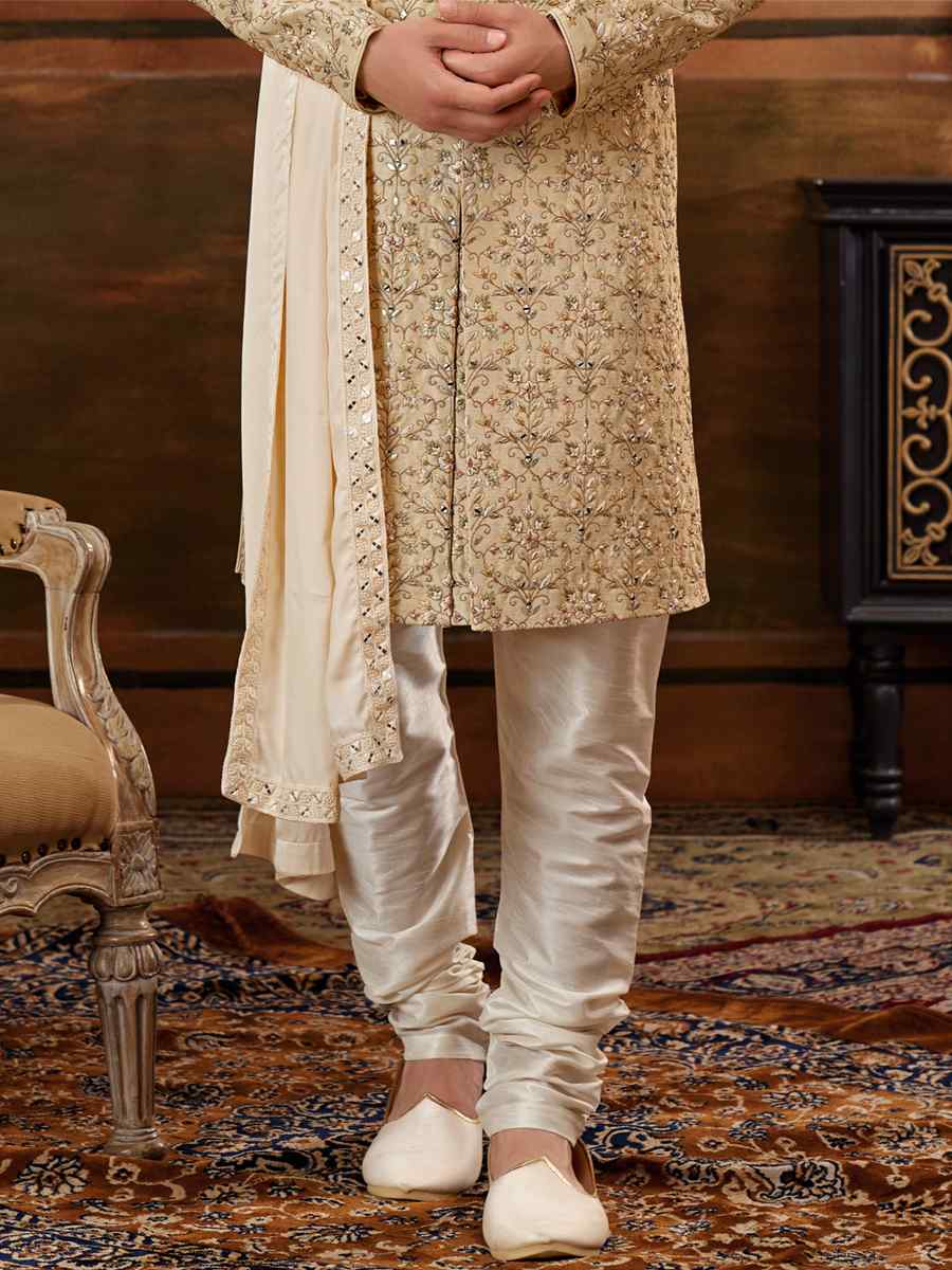 Gold Art Silk Embroidered Wedding Groom Sherwani