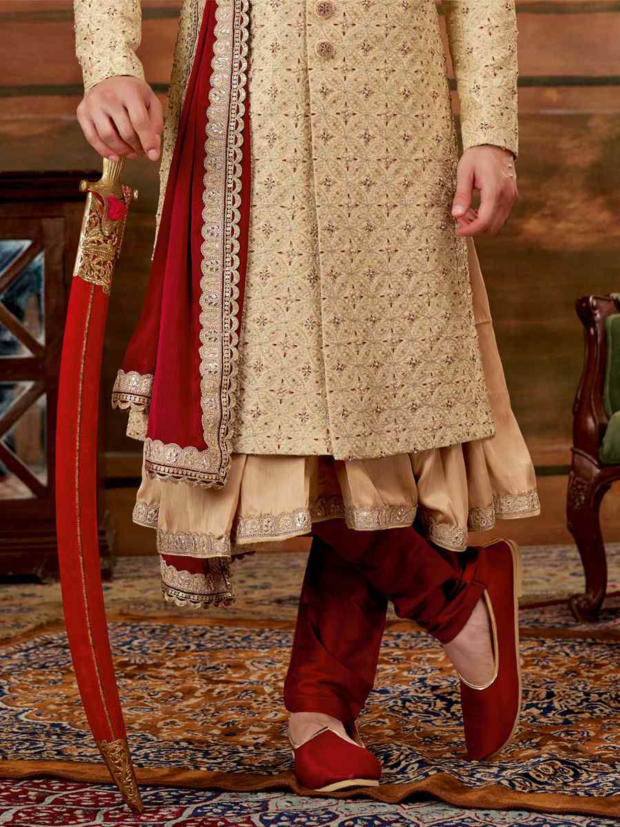 Gold Art Silk Embroidered Wedding Groom Sherwani