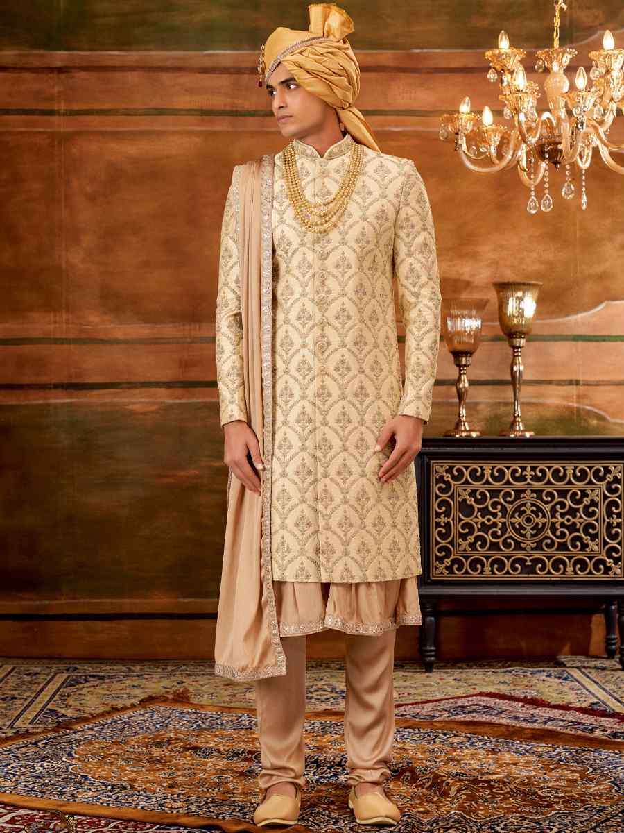 Gold Art Silk Embroidered Wedding Groom Sherwani