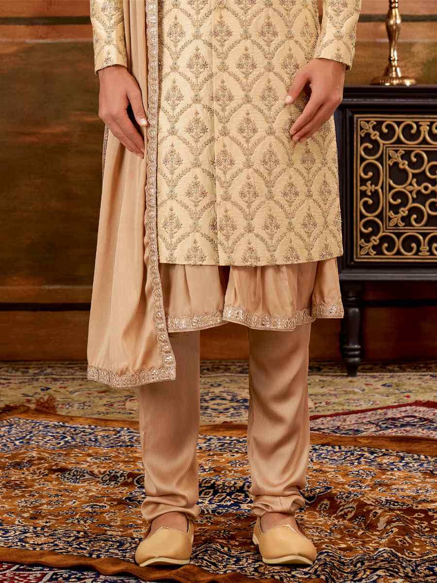 Gold Art Silk Embroidered Wedding Groom Sherwani