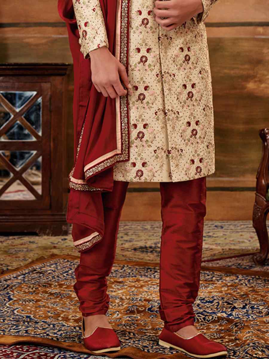 Gold Art Silk Embroidered Wedding Groom Sherwani
