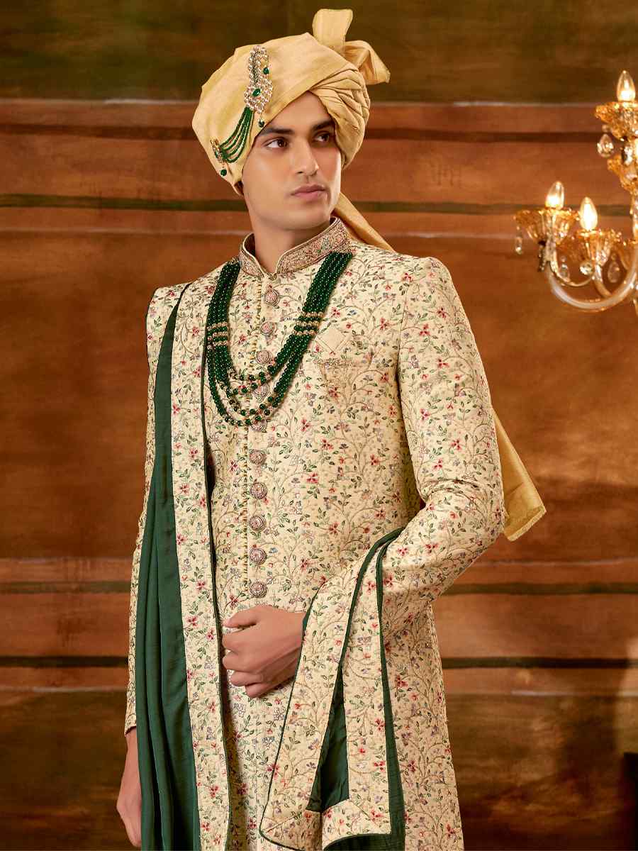 Gold Art Silk Embroidered Wedding Groom Sherwani