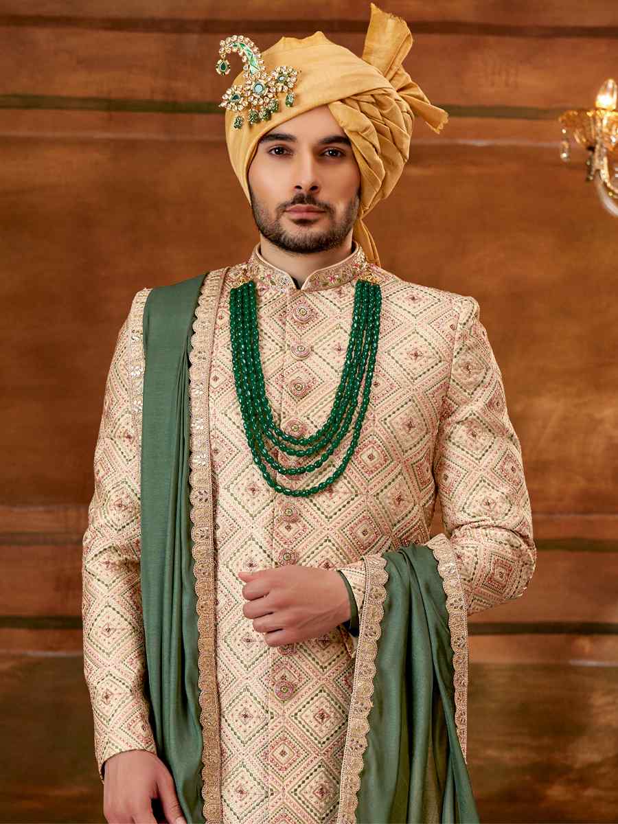 Gold Art Silk Embroidered Wedding Groom Sherwani