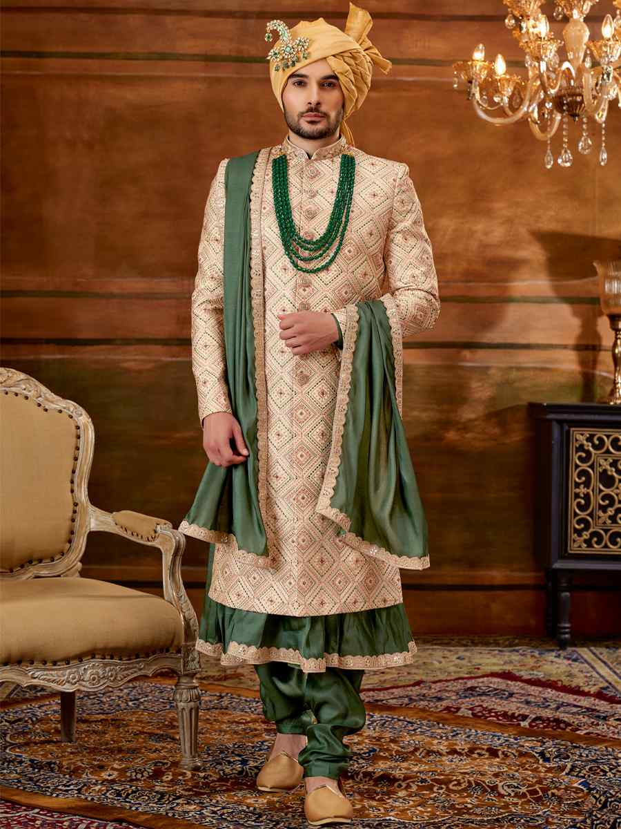 Gold Art Silk Embroidered Wedding Groom Sherwani