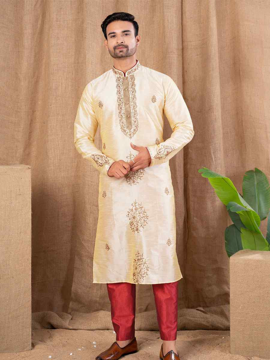 Gold Art Silk Embroidery Festival Wedding Party Mens Kurta