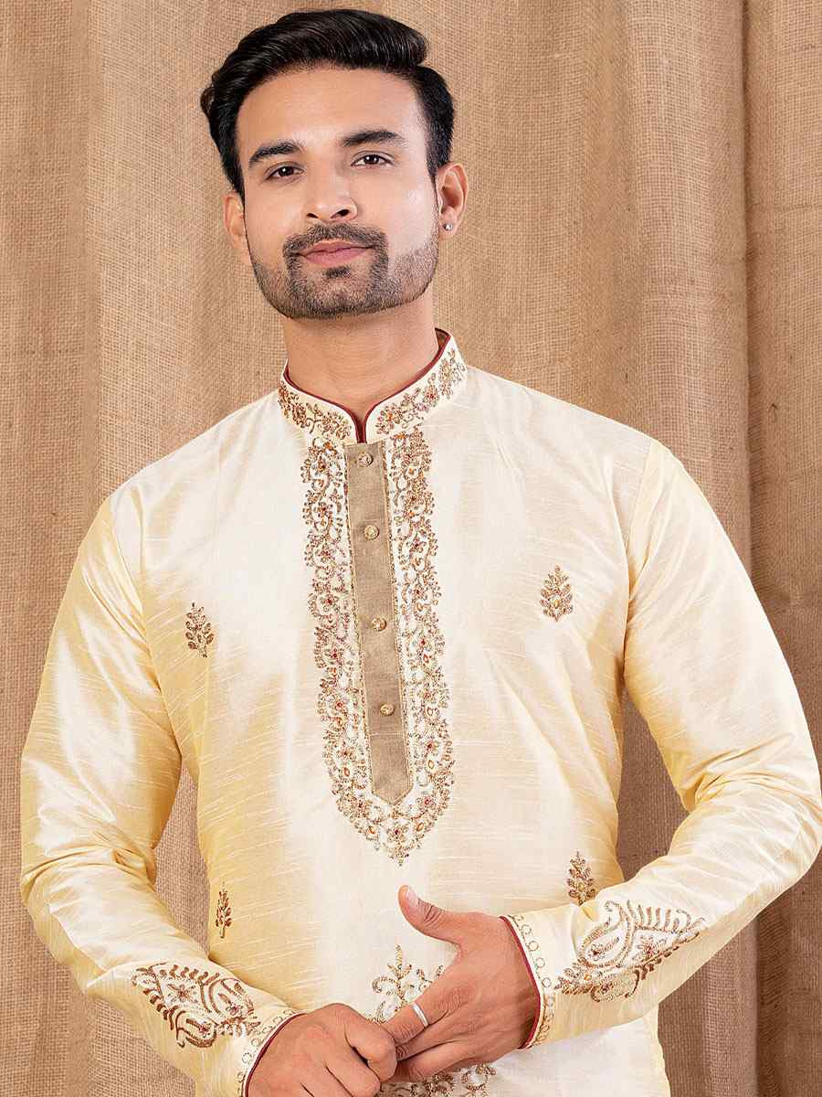 Gold Art Silk Embroidery Festival Wedding Party Mens Kurta