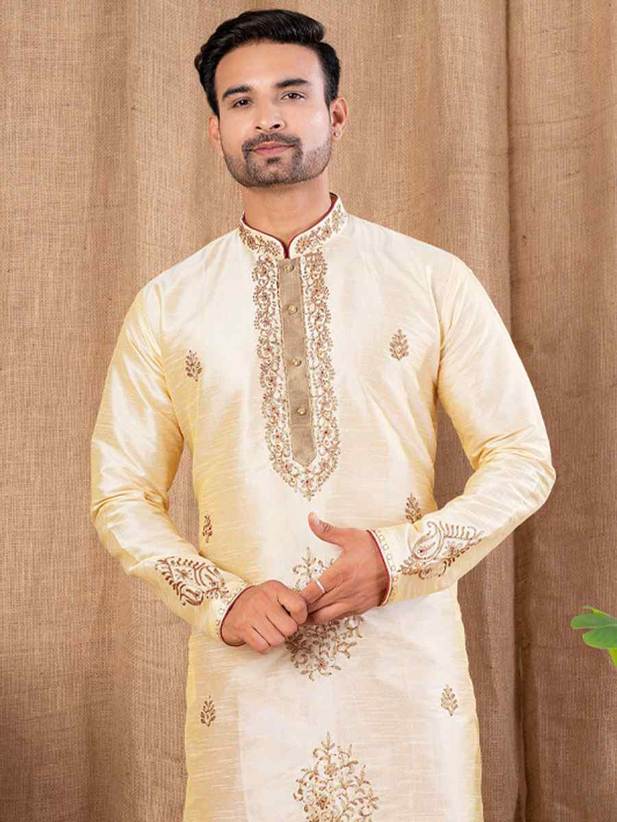 Gold Art Silk Embroidery Festival Wedding Party Mens Kurta