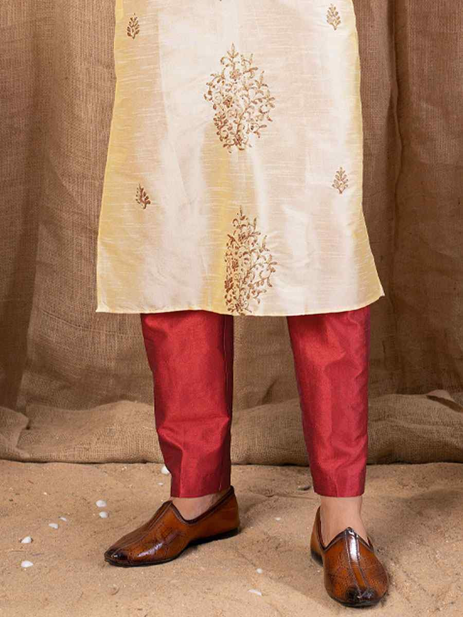 Gold Art Silk Embroidery Festival Wedding Party Mens Kurta