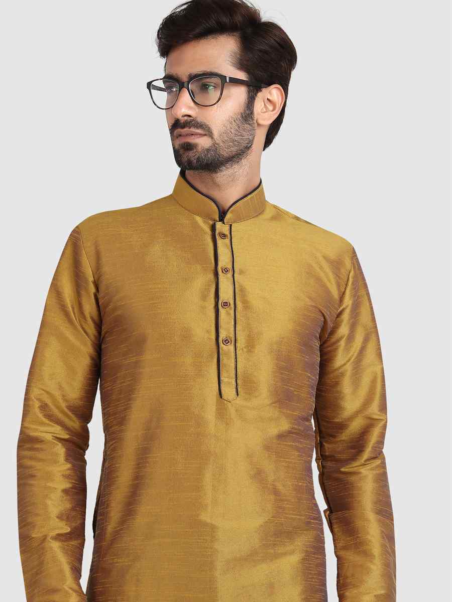 Gold Art Silk Plain Festival Kurta