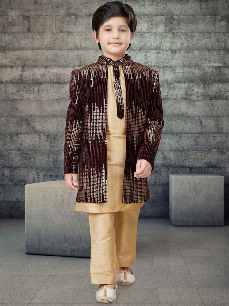 Gold Art Silk Printed Festival Traditional Kurta Pyjama Boys Wear