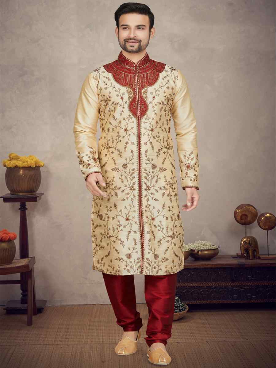 Gold Art Silk Woven Festival Mehendi Kurta