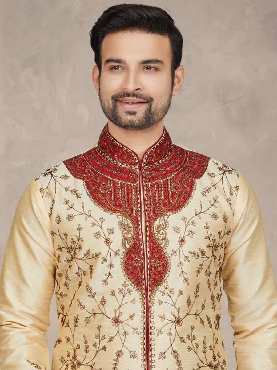 Gold Art Silk Woven Festival Mehendi Kurta